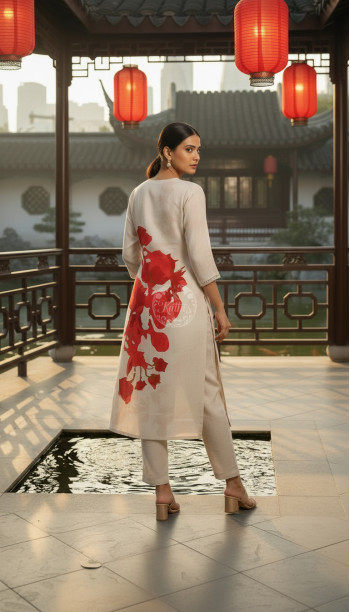 Beige Linen Botanical Print Kurta Set